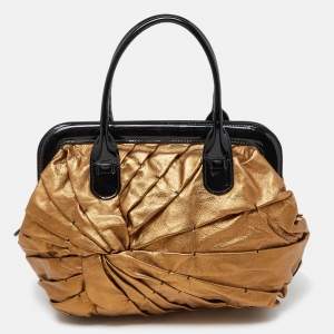 Valentino Gold/Black Pleated Patent Leather Satchel