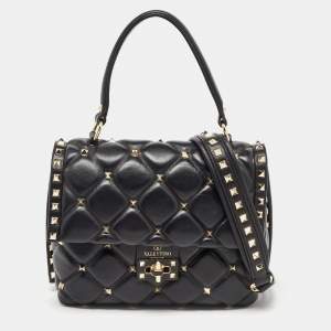 Pre Owned Valentino Black Quilted Leather Medium Candystud Top Handle Bag