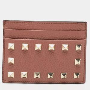 Pre Owned Valentino Brown Leather Rockstud Card Holder