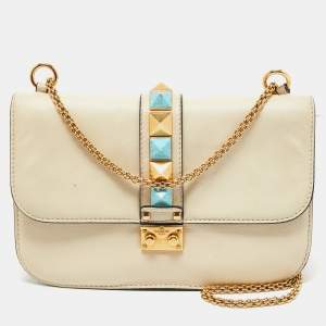 Pre Owned Valentino Cream Leather Medium Rockstud Glam Lock Flap Bag