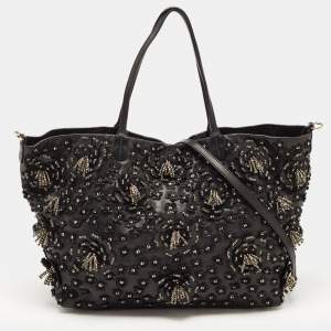 Pre Owned Valentino Black Leather Crystal Embellished Floral Applique Tote