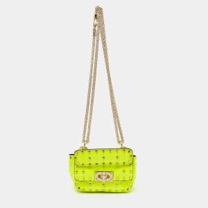 Pre Owned Valentino Neon Green Leather Micro Rockstud Spike Crossbody Bag