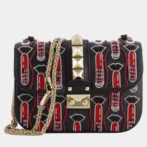 Valentino x Zandra Rhodes Black and Red Crystal Lock Shoulder Bag with Gold Hardware