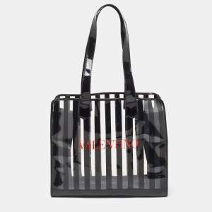 Pre Owned Valentino Black/Clear PVC and Patent Leather Striped Tote