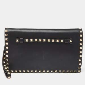 Valentino Black Leather Rockstud Wristlet Clutch