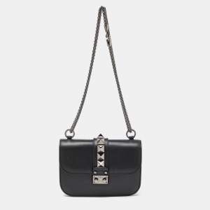 Pre Owned Valentino Black Leather Small Glam Lock Crossbody Bag