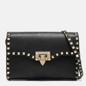 Valentino Black Leather Rockstud Flap Crossbody Bag