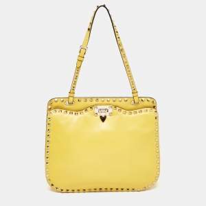 Pre Owned Valentino Yellow Leather Rockstud Trapeze Shoulder Bag