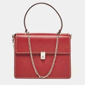 Valentino Red Leather Rockstud Top Handle Bag