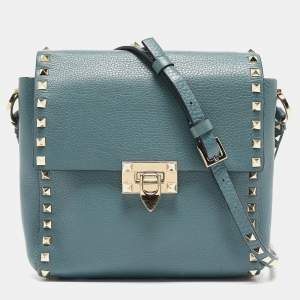 Valentino Blue Leather Rockstud Flip Lock Flap Messenger Bag