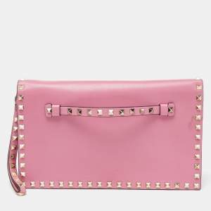 Valentino Pink Leather Rockstud Wristlet Clutch