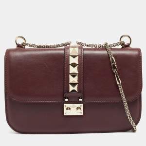 Pre Owned Valentino Burgundy Leather Medium Rockstud Glam Lock Flap Bag
