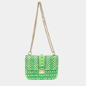 Pre Owned Valentino Neon Green Leather Small Glam Lock Crystals Flap Bag