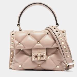 Pre Owned Valentino Old Rose Quilted Leather Mini Candystud Top Handle Bag