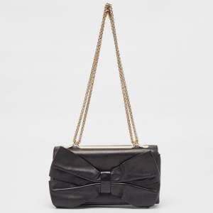Pre Owned Valentino Black Leather Bow Flap Chain Clucth
