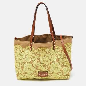 Pre Owned Valentino Tri Color Glamorous Lace, Canvas and Leather Reversible Tote