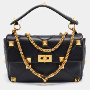 Pre Owned Valentino Black Leather Large Roman Stud Shoulder Bag