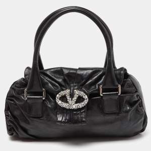 Valentino Black Leather Crystal Embellished Logo Flap Satchel