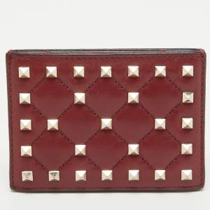 Valentino Burgundy Quilted Leather Rockstud Spike Card Case