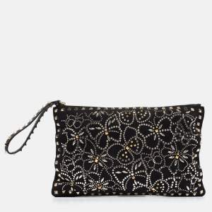 Pre Owned Valentino Black Suede Large Rockstud Embellished Wristlet Pouch