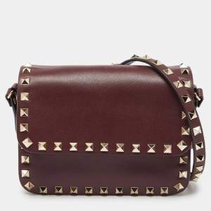 Pre Owned Valentino Burgundy Leather Mini Rockstud Crossbody Bag