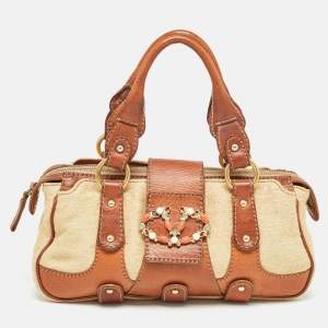 Valentino Brown/Beige Canvas and Leather VLogo Embellished Catch Bag