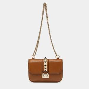 Pre Owned Valentino Brown Leather Small Rockstud Glam Lock Flap Bag