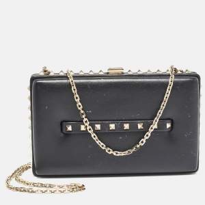 Valentino Black Leather Rockstud Frame Chain Clutch