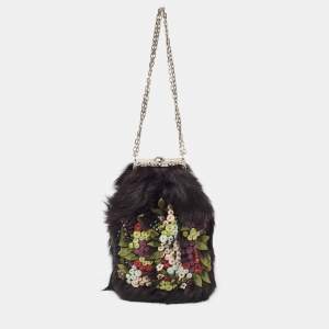 Valentino Black Fur Floral Applique Frame Chain Clutch