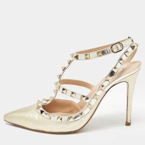 Valentino Gold Leather Rockstud Ankle Strap Pumps Size 38