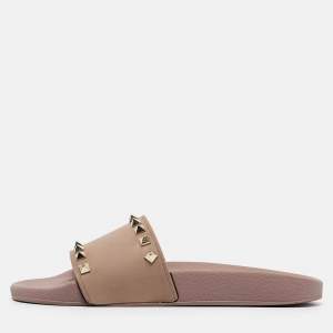 Pre Owned Valentino Dusty Pink Rubber Rockstud Slides Size 38