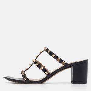 Valentino Black Leather Rockstud Slide Sandals Size 40