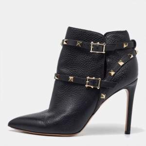 Pre Owned Valentino Black Leather Rockstud Pointed Toe Ankle Boots Size 37
