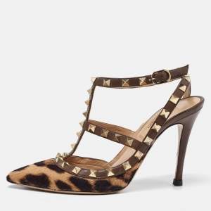 Valentino Brown Leopard Print Calfhair and Leather Rockstud Caged Sandals Size 36.5