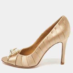 Pre Owned Valentino Beige Satin  Crystal Embellished Open Toe Pumps Size 36.5