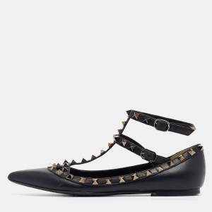 Valentino Black Leather Rockstud Ankle Strap Flats Size 37