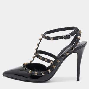 Pre Owned Valentino Black Patent Leather Rockstud Ankle Strap Pumps Size 40