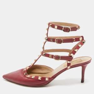 Pre Owned Valentino Dark Red Leather Rockstud Ankle Strap Pumps Size 41
