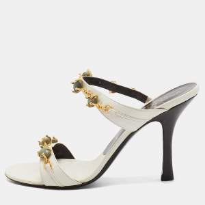 Valentino White Leather Crystal Embellished Slide Sandals Size 37