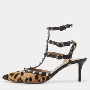 Valentino Brown/Beige Leopard Print Pony Hair And Leather Rockstud Strappy Pumps Size 40