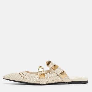 Pre Owned Valentino White Woven Leather Roman Rockstud Flat Mules Size 38