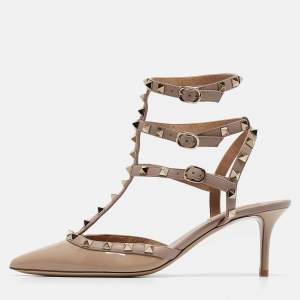 Pre Owned Valentino Pink Patent Leather Rockstud Ankle Strap Pumps Size 40