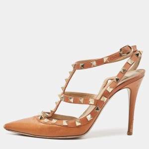 Valentino Brown Leather Rockstud Ankle Strap Pumps Size 37