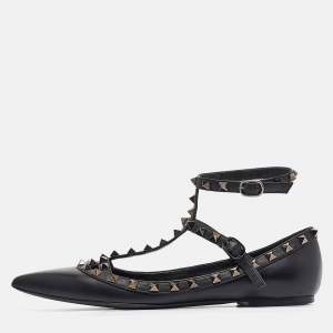 Pre Owned Valentino Black Leather Rockstud Ballet Flats Size 39