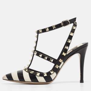 Valentino Black/White Striped Leather Rockstud Ankle Strap Pumps Size 38