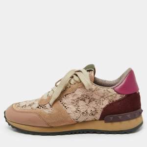 Valentino Beige/Pink Floral Lace and Leather Rockrunner Low Top Sneakers Size 35