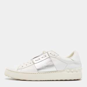Pre Owned Valentino White Leather Rockstud Lace Up Sneakers Size 38