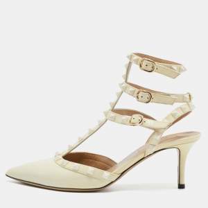 Valentino Cream Patent Leather Rockstud Ankle Strap Pumps Size 38