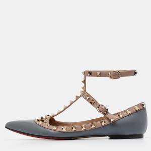 Valentino Grey/Dusty Pink Leather Rockstud Ankle Strap Flats Size 37