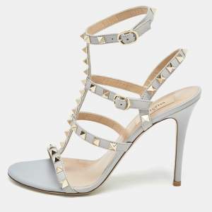 Pre Owned Valentino Grey Leather Rockstud Ankle Strap Sandals Size 38